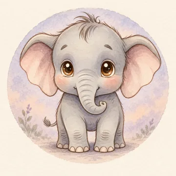 Eli, a small grey elephant, in soft watercolour.