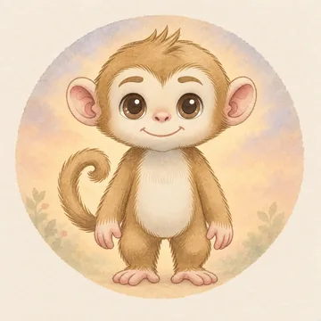 Milo, a small brown monkey with a curled tail, in soft watercolour.
